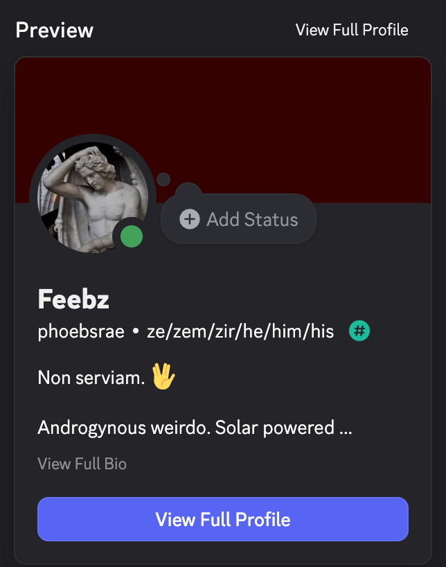 A preview of my Discord profile. It contains my pfp Lucifer statue, my name and the bio which starts with "non serviam" and the "live long and prosper" emoji
