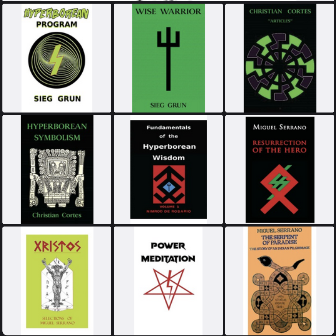 A 3 by 3 row of book covers with white supremacy, found by searching "Luciferian" on internet archive