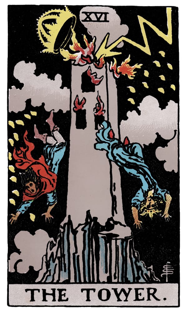 The Tower Rider-Waite-Smith card. A tower is struck by lightning, a crown is lifted off its top. The windows are filled with flames and two people are mid jump out of the building